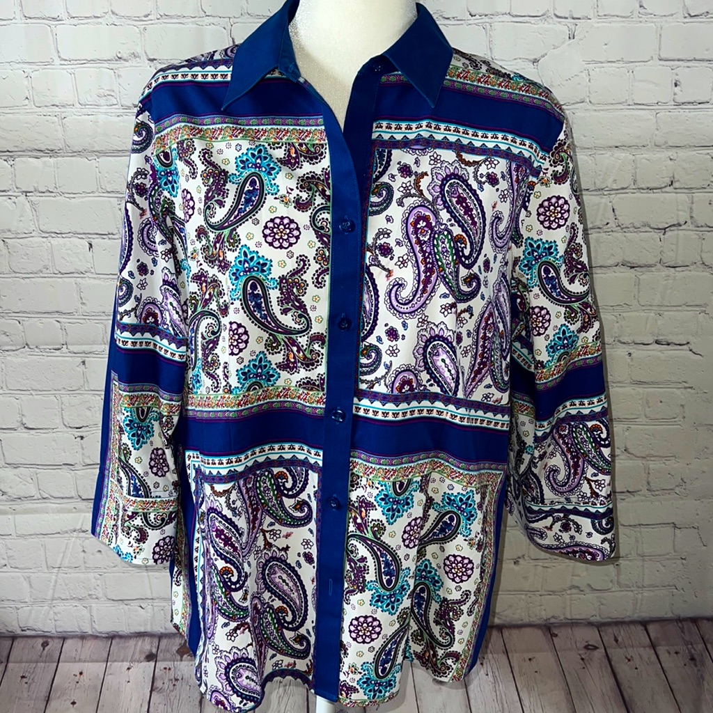 Chicos Size 2 Paisley Print Button Down Blouse. Purple And Blue. Like New.